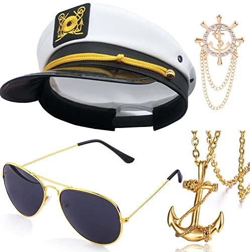 Sail Hats Navy Sailor Hat Aviator Sunglasses with Anchor Design Necklace Brooch for Costume Accessories Set Dressing Up Party Adult Halloween Fraternity Decoration Yacht Captain Cap Bachelor Party