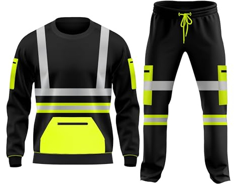 Set tuta da lavoro in pile ad alta visibilità, orlo aperto, pantaloni con risvolto, tasche con coulisse, felpa a maniche lunghe, set di pantaloni e top di sicurezza, L