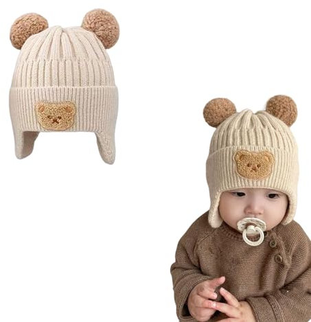 Suxgumoe Baby wintermütze, Mädchen Jungen Stricken Hut mit Ohrenschützer und Band, Süße Bärenohren Beanie Warm Hat für Jungen Mädchen (DE/NL/SE/PL, Alter, 6 Monate, 3 Jahre, Beige)