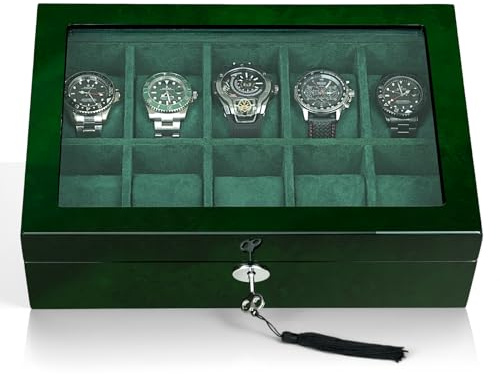 SYENS Watch Box for Men 10 Watches Storage Organizer Case, Smart Watch Display, Green Wood with Soft Suede Interior, Large Glass Window, Gift for Women and Man (10W-GR)