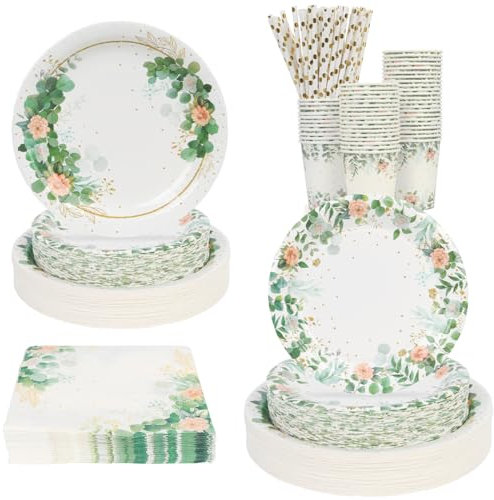 Assiettes jetables vert sauge pour fête prénatale, anniversaire, mariage, 50 pièces, tasses et serviettes