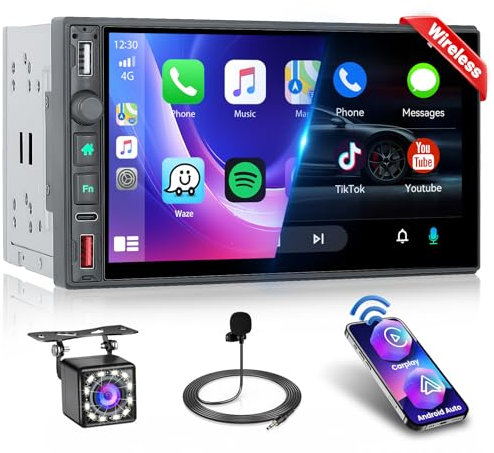 Inefala Autoradio Bluetooth 2 Din Compatibile con Wireless Carplay Android Auto 7 Pollici Touchscreen Stereo Auto Supporta Bluetooth/Mirror Link/FM AM RDS Radio/USB/Tipo-C/EQ con Telecamera Posteriore