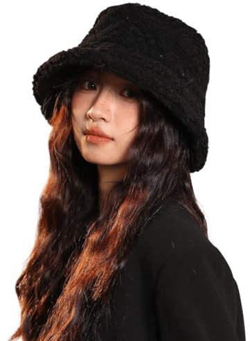 Mode Warme Plüsch Eimer Hut Frauen Winter Fuzzy Fischer Kappe Outdoor Winddicht Ski Hut Damen Arbeit Dating Hut(Black)