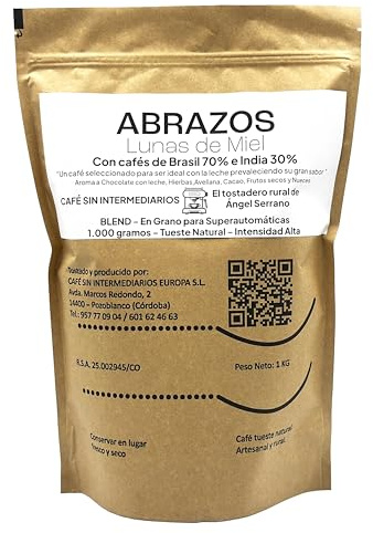 CAFE SIN INTERMEDIARIOS - Abrazos - Café Brasil En Grano Para Superautomática 1Kg - Tostado Semanal - Envasado y molinado al envío - Intensidad de sabor media - Ideal para Café cortado o Capuchino