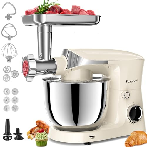 Vospeed 9-in-1 Stand Mixer, 1500W Electric Kitchen Mixer with 5.5L Bowl, Multifunctional Food Mixer for Cake, Bread, and Dough with Meat Grinder, Sausage Maker, Pasta & Cookie Attachments, White