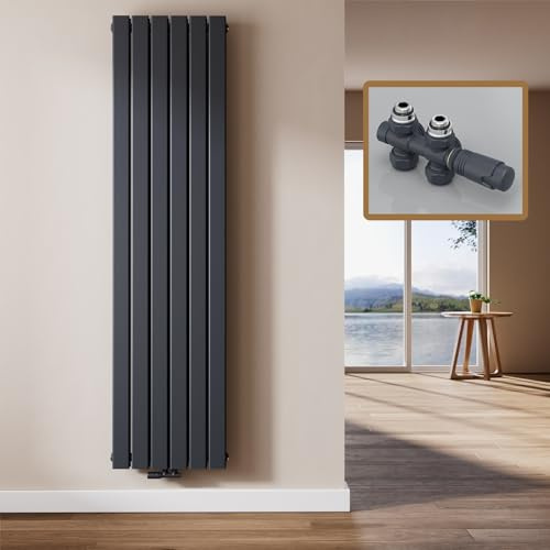 EMKE Radiatore Design Verticale, 180 x 46 cm, Radiatore Piatto da Parete in Acciaio, Doppio Pannello, Attacco Centrale, Antracite, 1670W (valvole incluse)