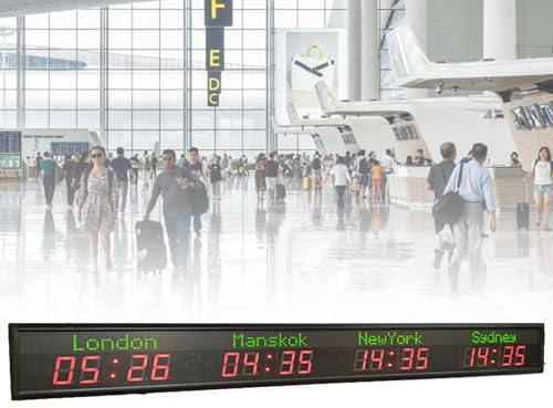 LJYKBFL Horloge Murale numérique à LED avec fuseaux horaires Multiples, Horloge Mondiale à 4 Villes, Horloge Universelle pour écoles, multinationales et hôtels, 5 Niveaux de luminosité réglables