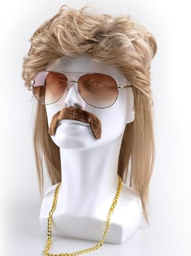 Sdhgerh Vokuhila Perruque pour homme, blonde, années 80, 90, avec lunettes de soleil, barbe et collier, costume de carnaval, accessoire des années 80 et 90