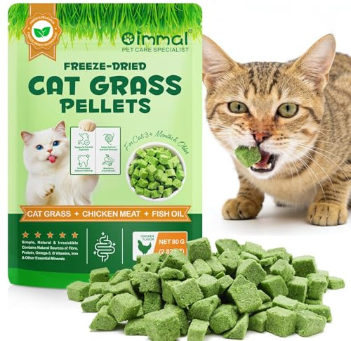 Friandises Lyophilisées à l'herbe à Chat 80g - Croquettes Naturelles au Poulet et Huile de Poisson, Aide à la Digestion, Réduction des Boules de Poils et Soin Dentaire, sans Additifs
