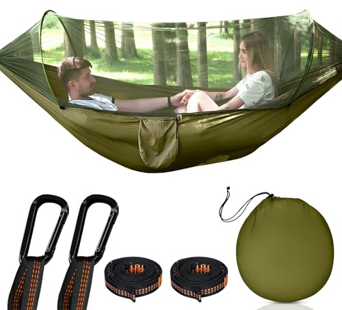 Ultralätt resehängmatta med myggnät för camping 300 kg lastkapacitet, 290 x 140 cm, andningsbar snabbtorkande fallskärm i nylon för utomhusbruk, vandring och resor