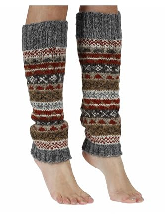 Pachamama Women 100% Wool Legwarmer Handknitted Fair Isle Pattern Earth Multicoloured Regular Fit Handmade Extra Warm Fair Trade