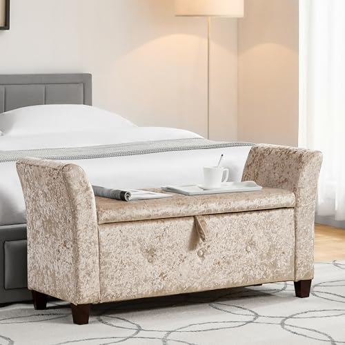Vida Designs Seville Storage Ottoman, Fabric in Champagne Velvet, 120x45x60cm - Storage Ottoman with Lift-Up Lid, Ideal for Toys, Bedding & Footstool Use | UKFR Certified