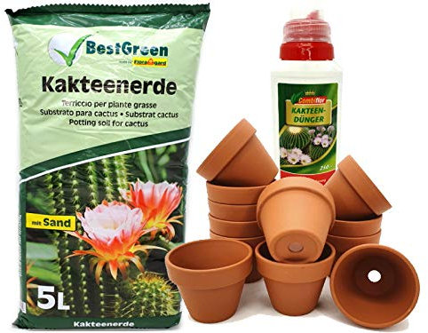 Kakteen-Set für die Zucht oder zum Umtopfen Kakteenerde - Kakteen-Dünger - 12 Tontöpfe Ø8cm  Pflegen und züchten mit Herz