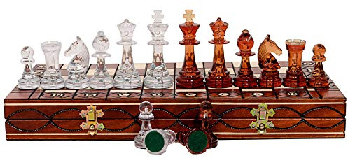 Master of Chess Wooden Chess Game with Pieces Amber, 40 cm, Foldable, Large Chessboard Game for Adults and Children, Semi-Transparent Staunton Chess Pieces Made of Plastic