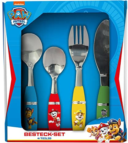 p:os 33792 - ensemble de couverts pour filles, ensemble de couverts pour enfants 4 pièces en acier inoxydable avec poignées en plastique, couteau, fourchette, cuillère à soupe et cuillère à dessert