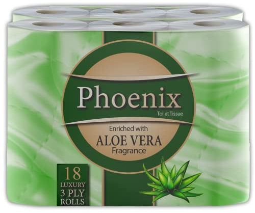 Phoenix Soft Luxury Toilet Rolls Bulk Buy – Aloe Vera Fragranced Toilet Paper - Quilted White 3 Ply Paper - Pack of 18 Toilet Tissue (9 x 2 Packs) - 150 Sheets per roll (2,700 Sheets)