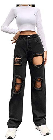 DASHadao Black High Waisted Baggy Ripped Jeans for Teen Girls & Women, Straight Leg Fashion Distressed Boyfriend Denim Pants, Black Flare Pants, Womens Mom Jeans