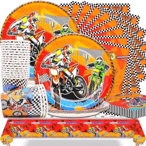 Huaxintoys Moto Stoviglie per Feste, Auto da Corsa Decorazioni per Feste di Compleanno Include Piatti Carta Ø7 in, Bicchiere di Carta, Tovaglioli e Tovaglie (61 Pezzi)