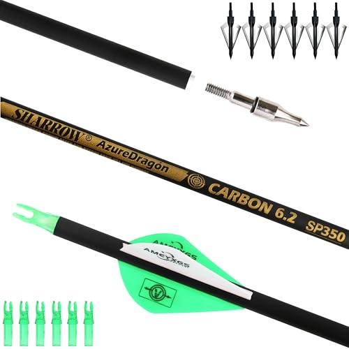 AMEYXGS 30 Flechas de Carbono 300 350 400 500 600 Spine Flechas de Caza con Puntas Reemplazables Flechas de Práctica para Arco Compuesto, Recurvo y Arco Largo (350 Spine, Verde)