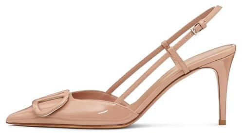 BlingQueen Women Heeled Slingback Sandals Closed Pointed Toe Stiletto High Heels Patent Leather Pumps Slip-On Backless Evening Prom Party Dress Shoes, Nude, 5