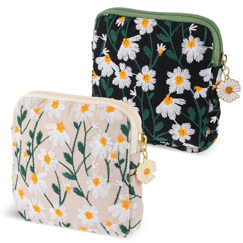 TIESOME Daisies Sanitary Napkin Storage Bag, 2 Pcs Embroidery Menstrual Bag | Cotton Soft Period Holder Pouch Portable Tampon Holder Pad Pouch Period Kit Bag for Women Teen Girls (Beige+Black)