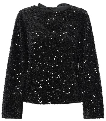PCKAM LS DEEP Back Bow Top, Svart/detaljer: svarta paljetter, S