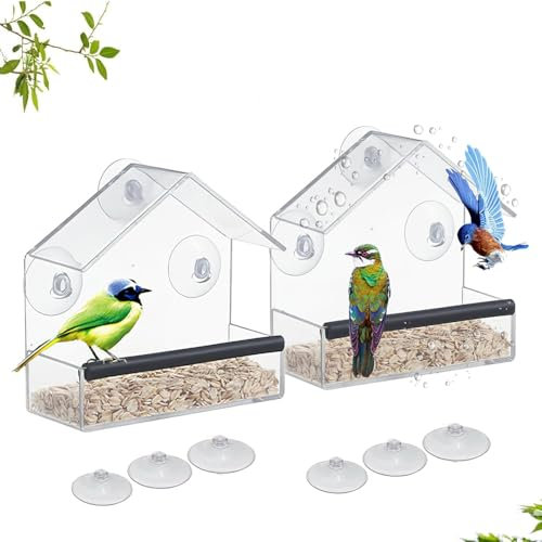 Miawtro 2 Pcs Window Bird Feeder, Acrylic Plastic House Shape Design Bird Feeder for Window, Bird Feeders for Small Birds with Strong Suction Cups for Garden Outdoor Backyard Wildlife Little Birds
