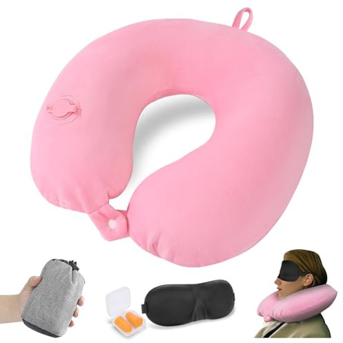 JetsCush Cuscino da Viaggio Gonfiabile, Cuscino Aereo con Maschera per Gli Occhi e Tappi per le Orecchie, Cuscino Gonfiabile da Viaggio per Aereo, Treno, Ufficio, Rosa