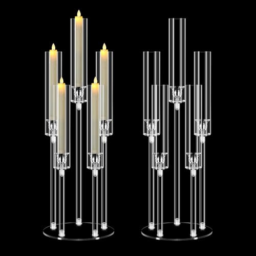 2 Pezzi Candelabro Moderno Alto 68 cm, Portacandele in Acrilico Trasparente 5 Bracci con Paralume, Centrotavola per Festa Matrimonio e Natale, Decorazione per Camino, Regalo per Casa, Per LED 2 cm