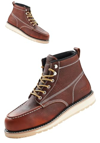 VEVOR Steel Toe Work Boots, UK Size 9, Waterproof Moc Toe Work Boots for Men, Slip-Resistant Work Boot, Lightweight and Breathable EVA Rubber Sole Mens Boots for Industry Construction, Brown