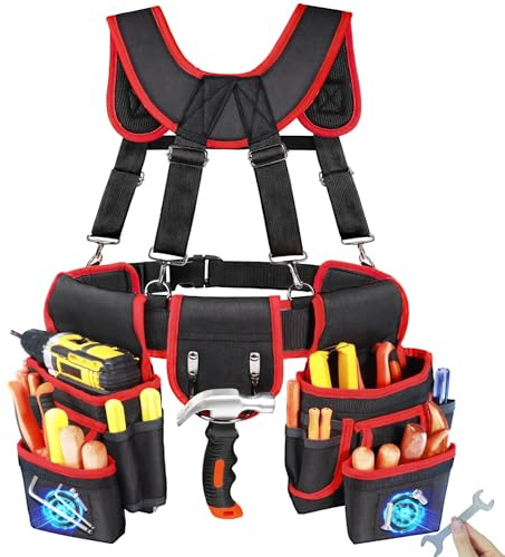 Tool Belt With Suspenders, Heavy Duty Magnetic Tool Belts for Men with 18 Pockets, Tool Belt with Adjustable 32 to 66 Inches Detachable Waist for Electricians, Carpenters, Framers