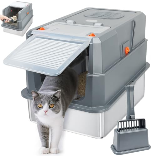 SZEE Stainless Steel Cat Litter Tray, Cat Litter Tray with Lid, Easy to Clean, Spacious for Pets, Space-saving for Homes - Grey