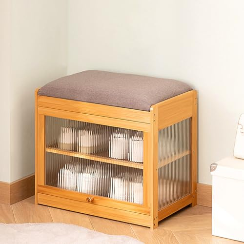 ZHUMUJIAJU Shoe Storage Bench- Bamboo Entryway Bench with Seat Cushion, 2-Tier Shoe Rack with Removable Dividers and Hidden Storage Space, Organizer Ottoman for Bedroom, Mud Room, Patio, Natural-Small