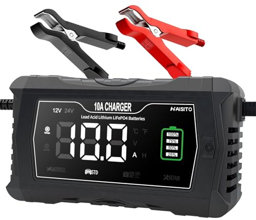 Haisito LiFePO4 - Cargador de batería de coche (10 A, 12 V/24 V, batería de litio de plomo-ácido, para coche, cortacésped, motocicleta y otros cargadores de baterías)