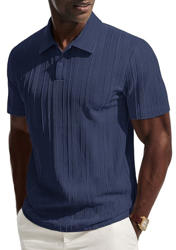 Polo Shirts for Men Short Sleeve Dress Shirts Texture Knit Polo Fashion Tops for Beach Summer Vacation Navy Blue