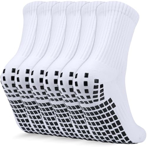 ouhos 3 paia di calzini antiscivolo per bambini – calzini da calcio con gommini antiscivolo per sport e allenamento, nero/bianco, taglia 32-39, bianco, 32-35