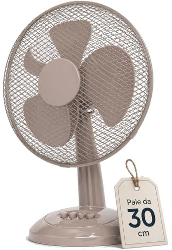 BAKAJI Ventilatore da Tavolo Diametro 30 cm con 3 Velocità Selezionabili, Funzionalità Oscillazione Automatica, Inclinazione Regolabile, Silenzioso, Ideale da Appoggio Autoportante, Colore Sabbia