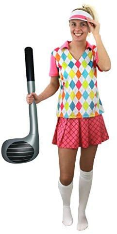 Damer golfdräkt fin klänning – Xsmall – rosa topp med mönster i argyll stil + kjol + visir pub golf golfgolfare möhippa + uppblåsbar golfklubb