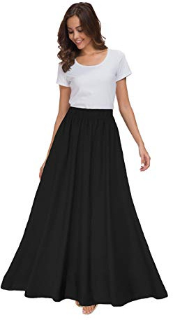 Sinono Womens Chiffon Retro Maxi Skirt Vintage Ankle-Length Skirts (X-Large, Black)