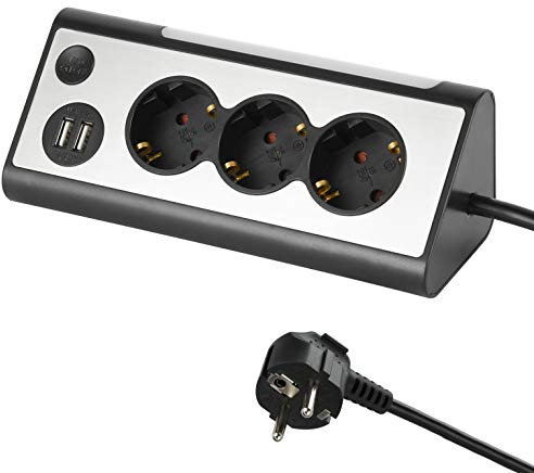 Electraline 62512, Mehrfachsteckdose, 3-fach Steckdosenleiste mit 2 USB-Anschluss und LED-Nachtlicht (mit Schalter) Multifunktionale Ecksteckdose für Küche und Büro (1, 5M Kabel)