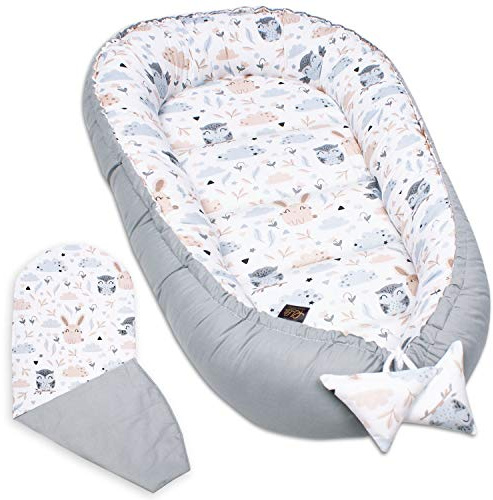 PaLulli® Babynest, multifunktionales Kuschelnest mit Weiches zusätzlicher Matratze, Kokon, Nestchen, Babybett, Reisebett für Neugeborene, 100% Baumwolle Oeko-TEX … (Owls)
