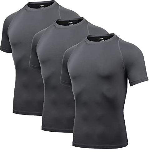 AMZSPORT Maglietta a Compressione da Uomo, a Maniche Corte, Funzionale, Cool Dry, per Allenamento e Corsa, 112025-grigio X 3, L