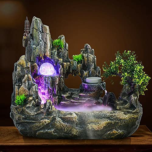 SHZICMY Fuente de interior con bola de cristal LED y atomizador, fuente de mesa Feng Shui, decoración de jardín de piedra, paisaje acuático, spray de resina húmeda