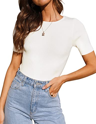 ZESICA Women's Short Sleeve Sweater Tops 2025 Summer Crewneck T Shirt Ribbed Knit Slim Fit Basic Solid Color Tee,White,Small