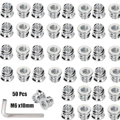 CRLYLC 50 Tuercas Atornillables M6 x 10 mm, Inserto de Rosca de Madera, Manguitos de Rosca Hexagonales, Para Muebles de Madera, Tuercas Hexagonales de Acero Galvanizado