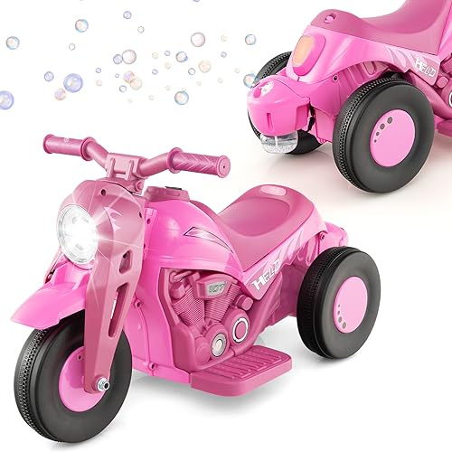 COSTWAY 6V Kids Ride on Motorcycle, Electric Toy Car with Bubble Maker, LED Headlight, Forward & Backward Switch, Battery Powered Motorbike for Boys Girls (Pink)