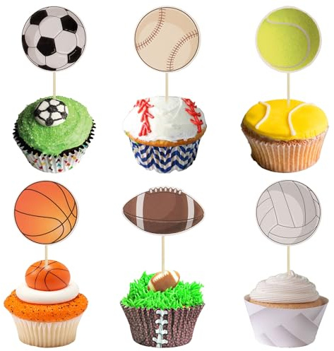 36Pcs Sports Cupcake Toppers Basketball Cupcake Toothpicks Soccer Ball Football Baseball Volleyball Rugby Cake Decorations for Sports Ball Game Theme Baby Shower Birthday Party Decoration Supplies