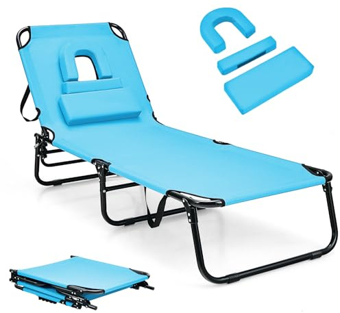 KOMFOTTEU Lettino Prendisole Pieghevole con 3 Poggiatesta Removibili e Foro per il Viso, Sedia a Sdraio da Giardino Regolabile a 5 Livelli, Lettino da Spiaggia, Piscina, Portato 160kg (Turchese)