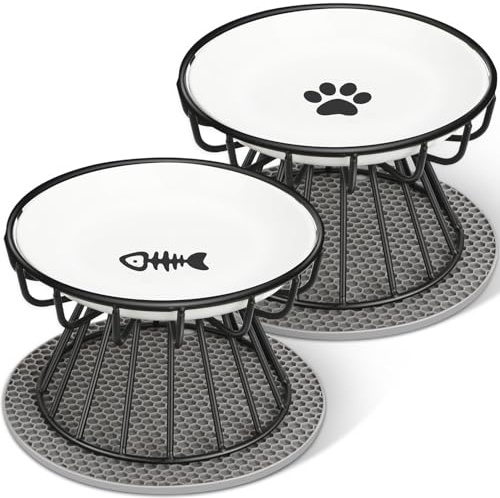 Comedero y gato Elevado Cerámica para Gatos, Soporte y Alfombrilla Antideslizante, Bebedero Cuchara para Cachorros, Cuenco Plano Antivómitos