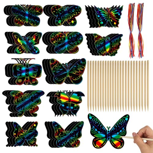 48 Pcs Butterfly Scratch Art for Kids, Rainbow Scratch Paper, Magic Scratch Cards for Kids, Scratch Painting with Ribbon and Bamboo Pen for DIY Party Decoration (12 Patterns)